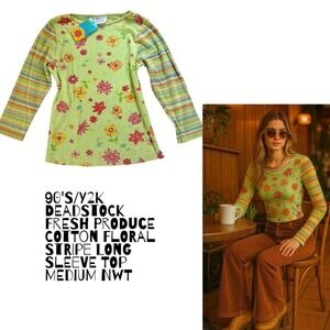 90s Y2K Fresh Produce Floral Stripe Long‎ Sleeve Top NWT Medium Cotton DEADSTOCK